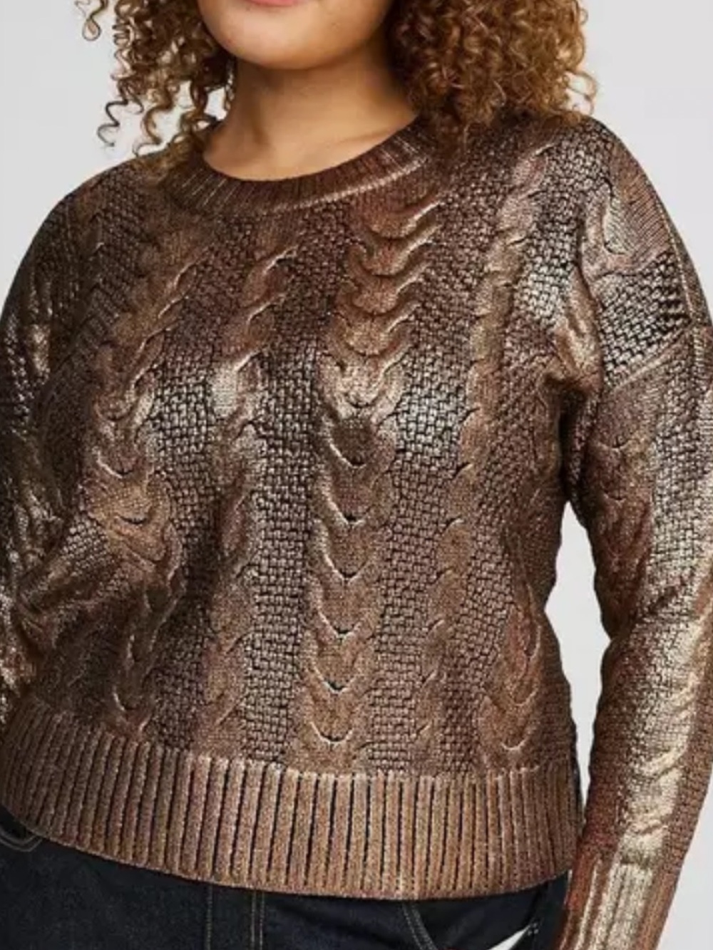 Torrid Metallic Foil Bronze Cable Knit Crew Cropped Sweater 0 L 12 NWOT